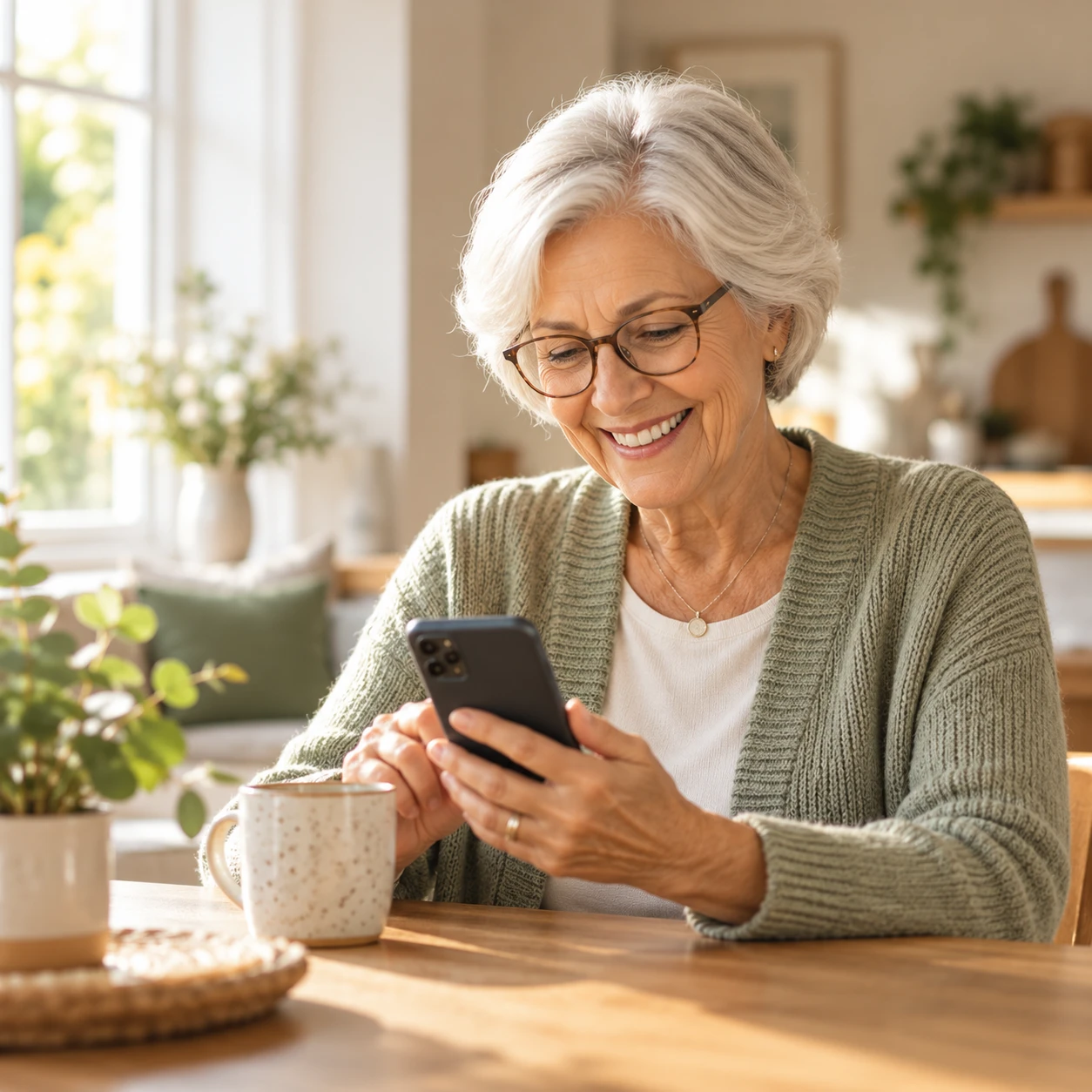 An older woman smiling at her phone at the kitchen table